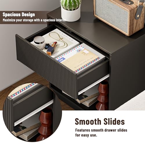Fluted Nightstands Set of 2, Modern Bedside Table with Drawer and Storage Shelf, Wood End Table Mid Century Night Stands for Bedroom Living Room Sofa Couch Office (Black) INNOD