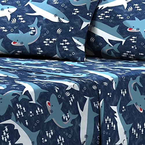 dream FACTORY Kids Sheet Set Lightweight Microfiber Bed Sheets Super Soft Easy Wash Cozy Bedding 10” Pocket - Twin, Blue Sharks dream FACTORY