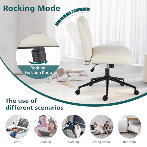 OLIXIS Criss Cross Chair with Wheels Wide Cross Legged Office Desk Vanity Chair Comfy Fabric Armless Adjustable Swivel for Home Computer Task PU Beige OLIXIS