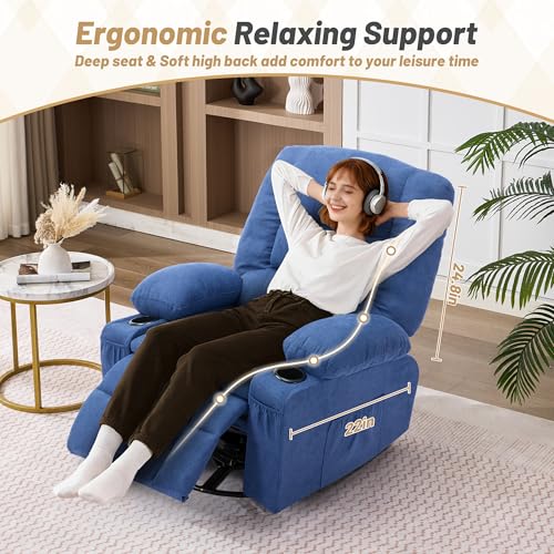 Oversized Swivel Rocker Recliner Chair with Massage & Heat,Nursery Rocking Chairs for Living Room,Ergonomic Relining Chair with Cup Holders,USB Charge Port,Side Pockets,Recliner Chair for Adults,Blue