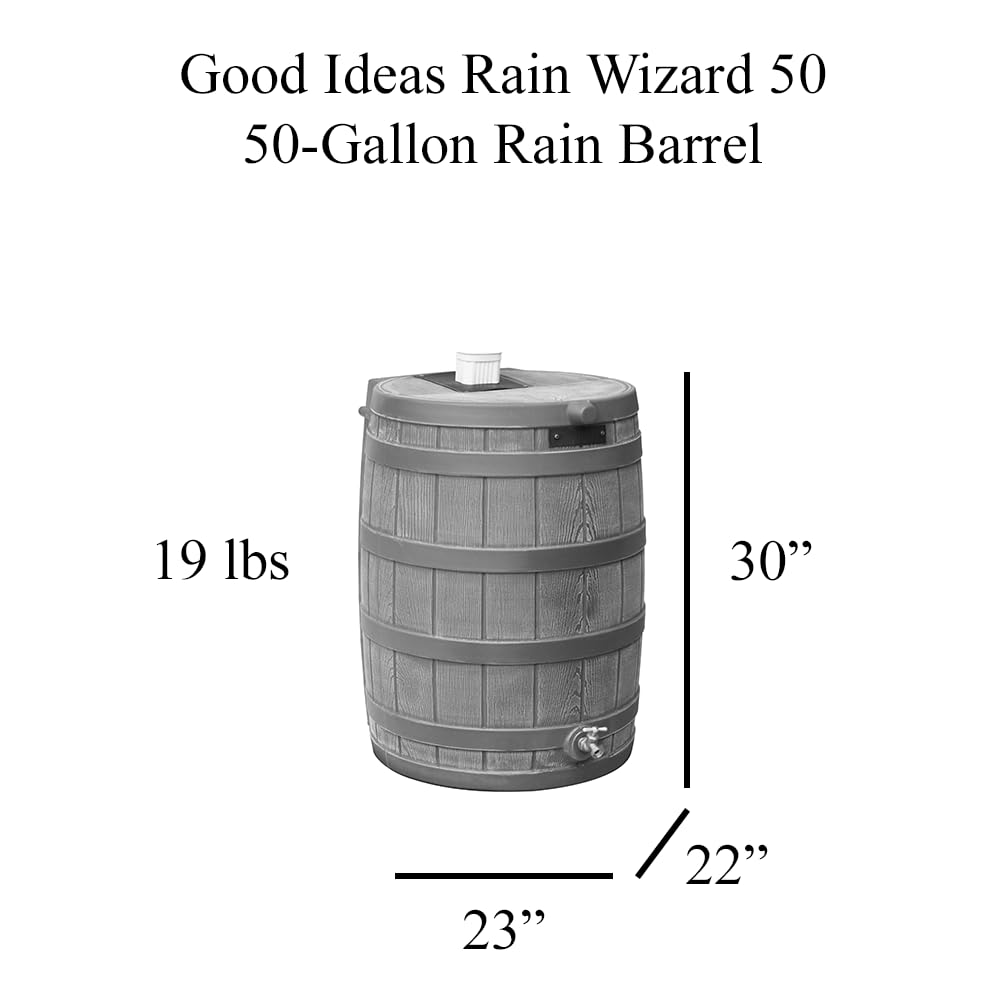 Good Ideas Rain Wizard 50 Gallon Plastic Rain Barrel for Outdoor Rainwater Collection and Storage Features a Metal Spigot and Flat Back Design, Oak Good Ideas