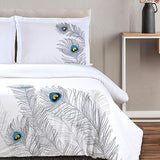100% Cotton, 3-Piece King/California King, Single Ply, Soft, Embroidered Peacock Duvet Cover Set, Silver Superior