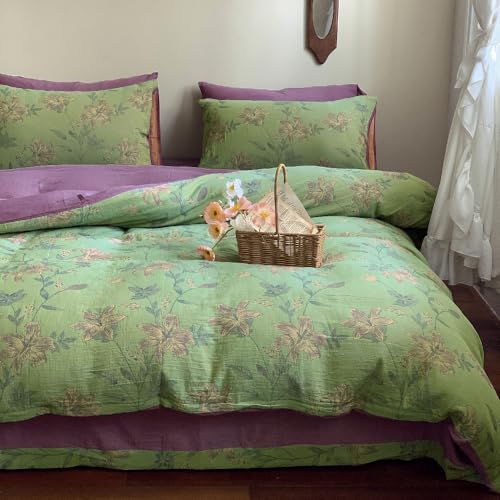 VM VOUGEMARKET Linen Cotton Jacquard Duvet Cover Queen,3 Pcs Yarn-Dyed Textured Duvet Cover Set Green Purple Floral Bedding Breathable, Natural Wrinkled Look-No Comforter VM VOUGEMARKET