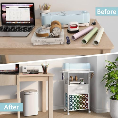 VENNQD Organizer and Storage Stand Compatible with Cricut Machines,Rolling Storage Cart/Shelf with 24 Vinyl Roll Holders，2 Fabric Drawer,Accessories Holder,Tool Hook for Craft Room Home (white) VENNQD