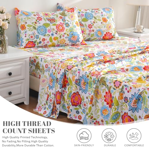 Bedlifes Queen Sheet Set Ultra Soft Breathable Silky Flower Bed Sheets Deep Pocket 100% Microfiber Bedding Sheets 4 Piece Queen Size Floral Spring Bedlifes