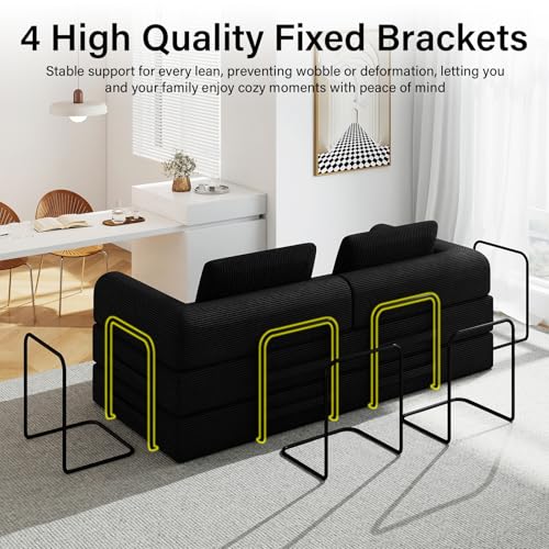 Nivayor 78'' Sleeper Couch Bed for Living Room, Convertible Modular Sofa with Fixed Frame and Side Pocket, Corduroy Futon Boneless Couches in a Box, No Assembly, Black Nivayor