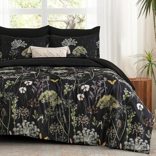 Yiran King Size Comforter Set, 7 Piece Comforter Floral Black Green Bedding Set, Soft Bed in a Bag King, Comforter, Sheets, Pillowcases & Shams Yiran