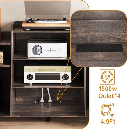 Rresyet 55" Record Player Stand with Charging Station, 4-Tier Vinyl Record Storage Cabinet with Divided Shelves, Adjustable Shelf，Large Capacity Storage for Music Room Living Room Rresyet