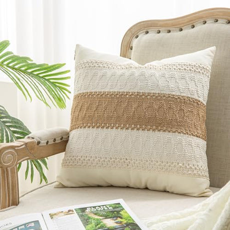 Mayler Yee Throw Pillow Covers 16 x 16 Inch 1PC for Farmhouse Living Room, Cotton & Burlap Textured Striped Woven Boho Pillow Covers (Beige & Brown, Single Striped) Mayler Yee