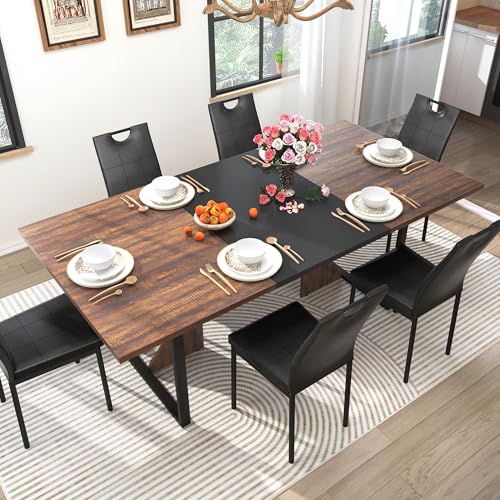 chartustriable 7PCS Dining Table Set for 4 5 6 People, 71" Large Long Wooden Kitchen Table with 6 Chairs (Brown+Black, 71IN Table+6 PCS Chairs) chartustriable