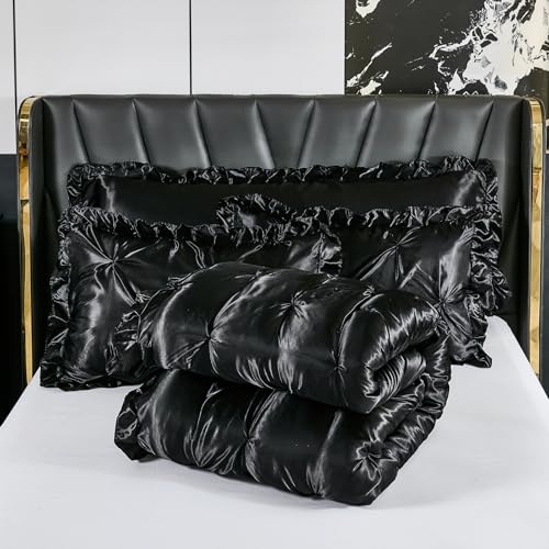 Bedbay Black Satin Comforter Queen Pinch Pleat Bedding Silk Like Satin Ruffled Duvet Set 4 Pcs with Black Ruffle Silky Body Pillow Cover Aesthetic Room Decor Luxury Satin Bedding Set for All Season Bedbay