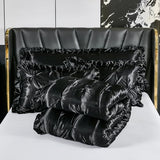 Bedbay Black Satin Comforter Queen Pinch Pleat Bedding Silk Like Satin Ruffled Duvet Set 4 Pcs with Black Ruffle Silky Body Pillow Cover Aesthetic Room Decor Luxury Satin Bedding Set for All Season Bedbay