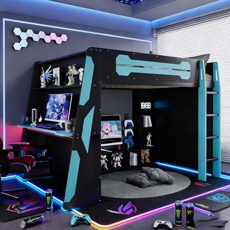 KLMM Modern Full Size Wood Gaming Loft Bed with Desk and Charging Station, Multi-Storage Shelves and LED,for Kids Teens Adults Bedroom Use (Cloud Blue#RGB, Full) KLMM