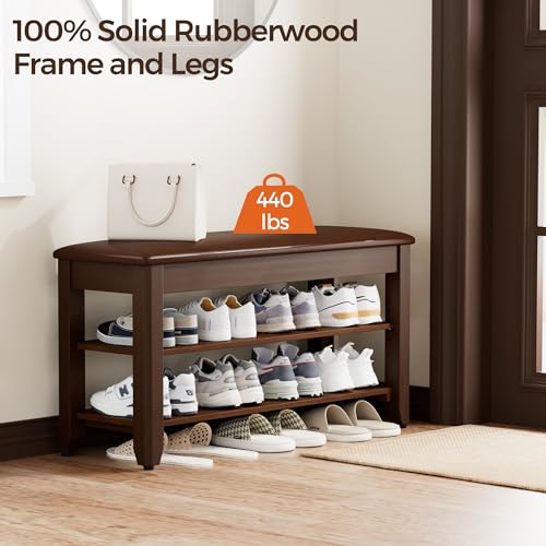 Homleke Shoe Rack Bench with Flip-Top Storage, Solid Wood Entryway Bench with Cushion, Adjustable Shelf, for Hallway, Mudroom, Closet – Walnut, 31.5" Homleke