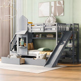 Ball & Cast Twin-Over-Twin Castle Style Bunk Bed,Wood Bunkbed w/ 2 Drawers and 3 Shelves,Full-Length Fence,Bedframe with Slide & Storage Ladder,Space Saving,Slat Support,for Child's Bedroom,Gray Ball & Cast
