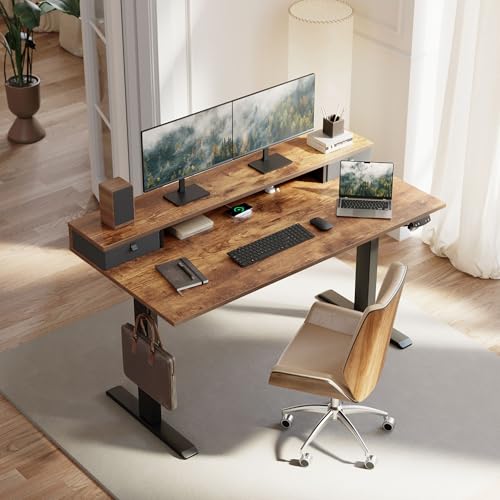 Klicelor 63 Inch Electric Standing Desk with Drawers, Adjustable Height Small Sit Stand Desk for Home Office, Compact Computer Workstation with Storage– Rustic Brown Klicelor
