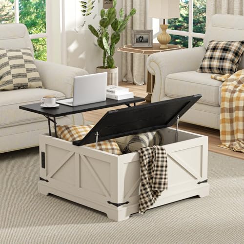 FiveWillowise Farmhouse Lift Top Coffee Table with Large Hidden Storage Compartment, 31.5" W Wood Square Center Table with Charging Station, Rustic Cocktail Table for Living Room, Home Office - WoodArtSupply