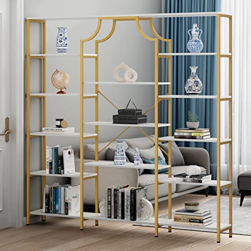 Loomie Gold & White Triple Wide Bookshelf with 13 Open Shelves - Modern Etagere Bookcase for Any Room - WoodArtSupply