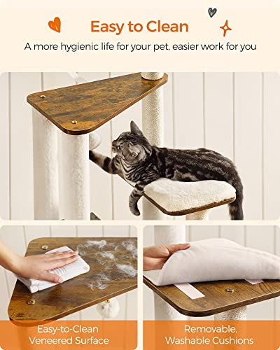 Feandrea WoodyWonders Cat Tree, 65-Inch Modern Cat Tower for Indoor Cats, Multi-Level Cat Condo with 5 Scratching Posts, Perch, Washable Removable Cushions, Cat Furniture, Rustic Brown UPCT166X01 Feandrea