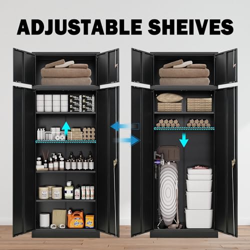 Metal Storage Cabinet, 87" H x 32" W x 16" D Locking Cabinet with Top Cabinet and 4 Adjustable Shelves, Steel Storage Cabinet for Office, Garage, Home-Black - WoodArtSupply