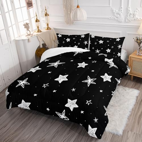 Smell Sunshine Black and White Stars Comforter Set Starry Printed Bedding Set with 1 Comforter and 2 Pillowcases for Boys and Girls Bedroom All Season(Stars Twin) Smell Sunshine