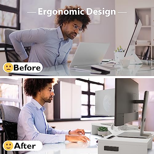 BONTEC Dual Monitor Stand Riser with Smartphone Holder, Adjustable Length & Swivel Angle Wooden Desktop Organizer Stand PC Riser for PC Monitor Laptop Printer, White BONTEC