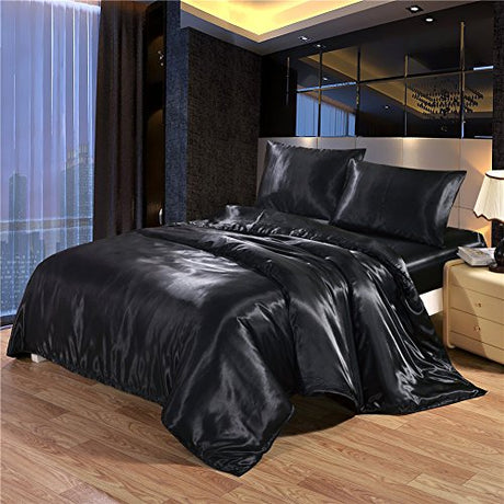 DREFEEL Hotel Quality Solid Silver Black Duvet Cover Set Twin/Single Size Silk Like Satin Bedding with Hidden Zipper Ties Breathable Stain Resistant Quilt/Comforter Cover Set DREFEEL