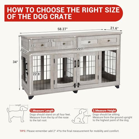 Dog Crate Furniture with 5 Doors, 58" Wooden Dog Kennel End Table with Large Capacity Drawers, Dog House with Openable Divider for Small/Medium/Large Dog,Dog Cage,Side End Table (Rustic Grey) LALFPET