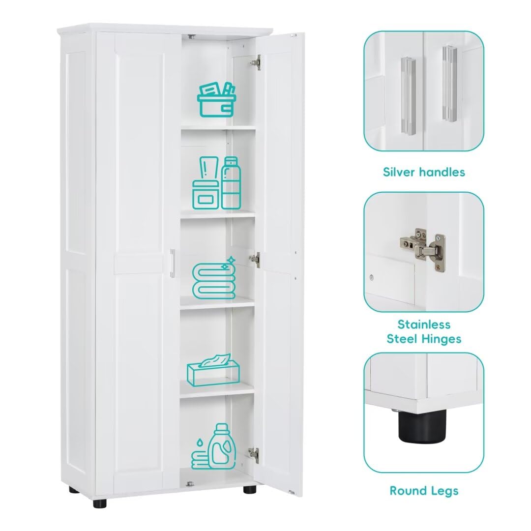 72" Tall Bathroom Storage Cabinet with 2 Doors for Bathroom, Freestanding Floor Cabinet with Adjustable Shelves, Large Wood Linen Cabinet for Bathroom, Kitchen,Office,Living Room Storage (White)