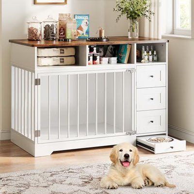 48'' Dog Crate Furniture, Farmhouse Heavy Duty Dog Kennel with Bowl & Storage Drawers, Medium Dog Cage End Table for Small Medium Dogs, White