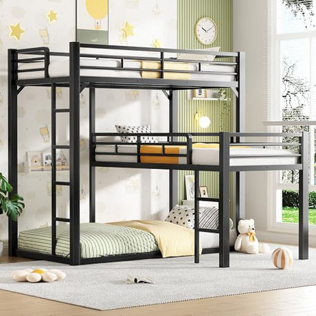 PVWIIK Heavy Duty L-Shaped Triple Bunk Bed for Kids Bedroom,Twin Over Twin Over Twin Metal Bunkbeds with Ladder & Safety Guardrail,Easy Assembly Metal Bed Frame, Black PVWIIK