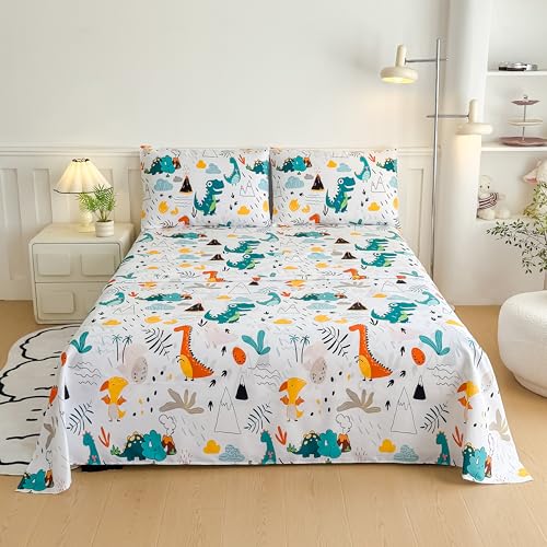 MWMWMW Dinosaur Full Bed Sheets Kids Boys, 4 Pieces Boys Sheets Sets Full, Dinosaur Printed Microfiber Deep Pocket Bed Sheet with 2 Pillowcases MWMWMW