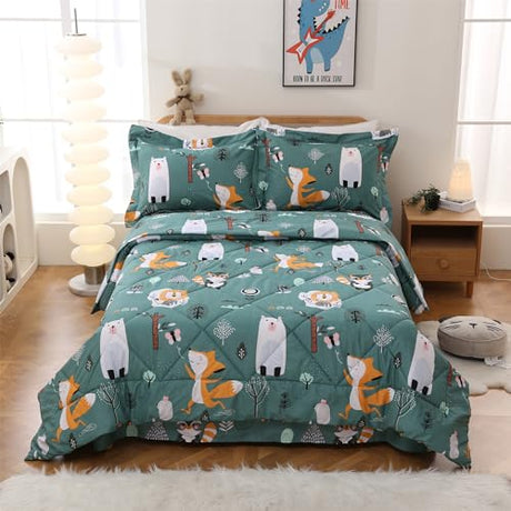 JSD Green Forest Animals Kids Comforter Set Twin Size, 2 Piece Woodland Printed Microfiber Bedding Set, Machine Washable JSD