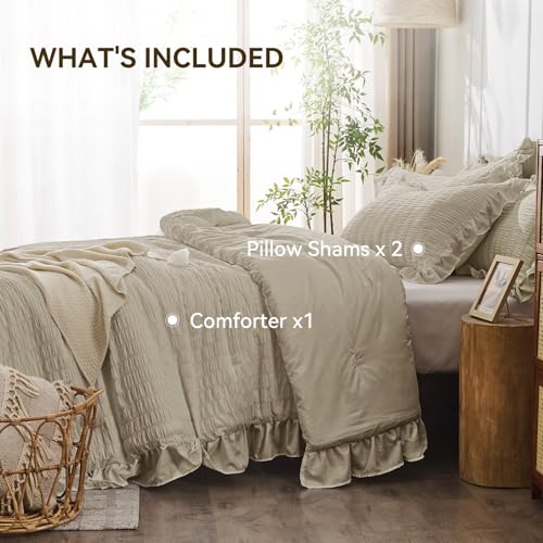 JOLLYVOGUE King Size Comforter Set, 3 Pieces Linen Seersucker Comforters King Size, Lightweight & Fluffy Bedding Sets King for All Season with 1 Ruffle Comforter and 2 Ruffle Pillowshams JOLLYVOGUE