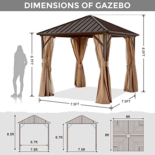 ABCCANOPY Hardtop Gazebo 8x8 - Outdoor Metal Hard Top Gazebo, Permanent Galvanized Steel Aluminum Framed Pavilion with Netting and Curtain for Patio Backyard Lawn Garden (Double Roof, Khaki)