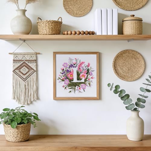 Zerzsy 7.87 '' Embroidery Kits Plant Flower Leaf English Letter Patterns for Beginners Adults, Easy to Learn Cross Stitch Kit for Home Office Decor