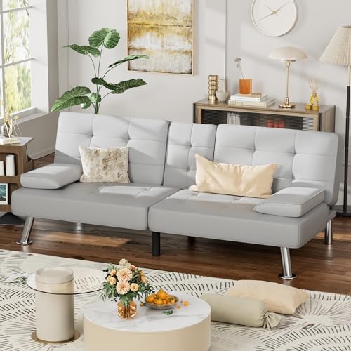 JUMMICO Faux Leather Futon Sofa Bed Futon Couch with Removable Armrests Adjustable Sleeper Sofa Bed with 2 Cup Holders for Living Room (PU Leather, White) JUMMICO