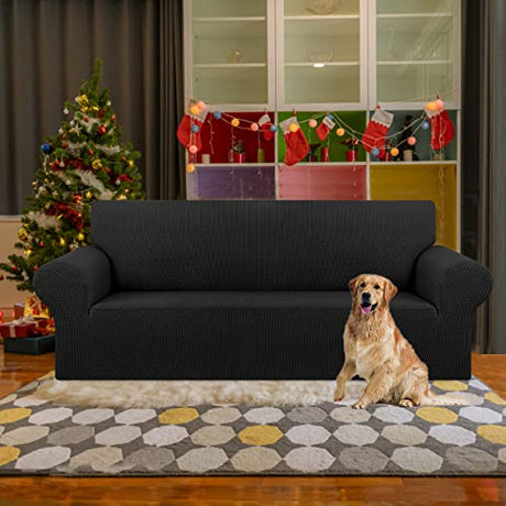 KEKUOU Stretch Sofa Cover Slipcover ，Couch Covers for 3 Cushion Couch Sofa pet Friendly (78"-94") Furniture Protector Sofa with Elastic Bottom for Kids,Dog, Jacquard Small Checked(Large,Black) KEKUOU