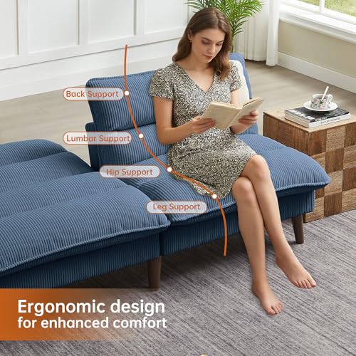 Portaforta 72" Convertible Futon Sofa Bed, Loveseat Sofa, Corduroy Folding Futon Set with Adjustable Backrest &Armrests, Recliner Lounge for Living Room, Apartment or Office, Solid Wood Frame, Blue Portaforta