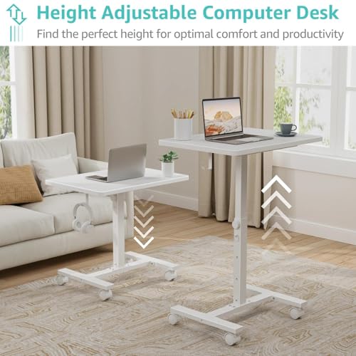 WINAZ Small White Standing Rolling Desk - 24 Inch Portable Mobile Stand Up Kids Desk Adjustable Height with Wheels for Small Spaces, Couch Laptop Desks Side End Table for Home Office, White WINAZ