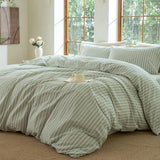 BESTDESIL Sage Green and White Striped Duvet Cover,100% Washed Cotton Breathable and Linen Like Bedding Set(Strip-Sage Green/White,Twin) BESTDESIL