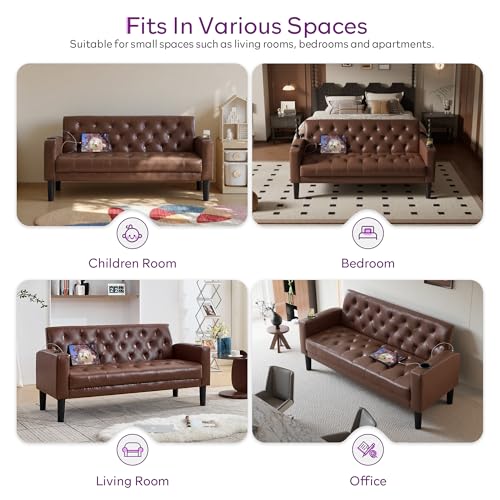 TYBOATLE 62" W Brown Leather Loveseat w/ 2 USB and 2 Cupholders, Mid-Century Modern Tufted Small Love Seat Couches for Office, Living Room, Bedroom, Dorm (1, Brown) TYBOATLE
