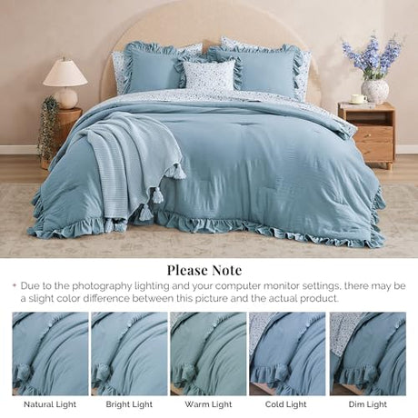 BLOOMHAVEN Queen Comforter Set - 7 Pieces Ruffle Blue Bedding Sets, Shabby Chic Farmhouse Bed in a Bag Queen with Ruffle Comforter, Floral Sheets, Pillowcases & Shams BLOOMHAVEN