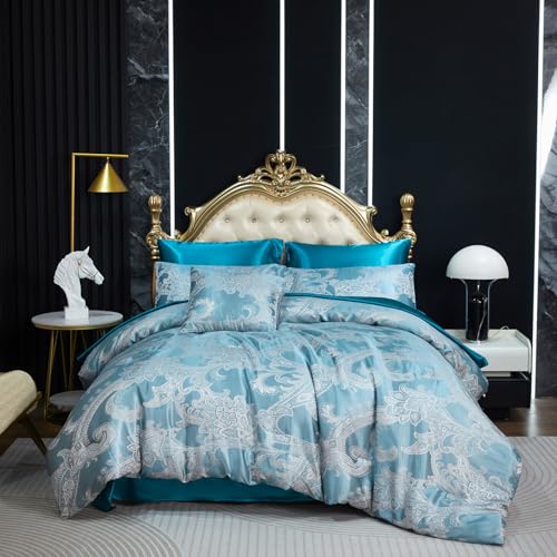 Jacquard Full Comforter Set Peacock Green Sheet Set Satin Bedding Set 8 Pcs Embroidery Neoclassical Floral Bed Home Decor Soft Down Comforter Luxury Hotel Silky Bed in a Bag with 1 Cushion Cover Bedding_Dreamer