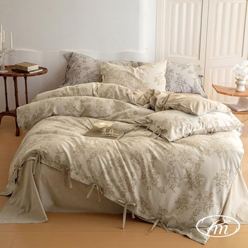 VM VOUGEMARKET Linen Cotton Duvet Cover Set King Retro Monet Flower Bedding Set,Jacquard Yarn-Dyed Textured Comforter Cover with Bowknot-104 x90,Khaki VM VOUGEMARKET