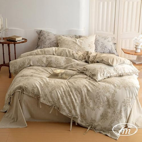 VM VOUGEMARKET Linen Cotton Duvet Cover Set King Retro Monet Flower Bedding Set,Jacquard Yarn-Dyed Textured Comforter Cover with Bowknot-104 x90,Khaki VM VOUGEMARKET