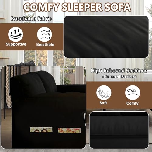 Gexpusm Futon Sofa Bed Queen Size,3-in-1 Convertible Sleeper Sofa,Pull Out Bed with Side Pocket,Loveseat Couch,Modern Futon Couch for Living Room,Small Space,Apartment,Bedroom (Black Velvet, 61") Gexpusm