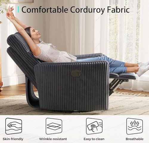 LINSY 360 Swivel Recliner Chair, Nursery Glider Rocking Chair with 2 Pillows, Corduroy Nursing Chair Comfy High Back Adult Rocker Recliner for Small Spaces, Nursery Bedroom Living Room (Gray)