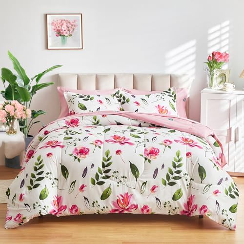 Shxime Floral Comforter Set 7 Pieces White with Green Leaves Pink Flowers Bed in a Bag King Size Reversible Bedding Set (1 Comforter 2 Pillow Shams 1 Flat Sheet 1 Fitted Sheet 2 Pillowcases) Shxime