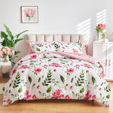 Shxime Floral Comforter Set 7 Pieces White with Green Leaves Pink Flowers Bed in a Bag King Size Reversible Bedding Set (1 Comforter 2 Pillow Shams 1 Flat Sheet 1 Fitted Sheet 2 Pillowcases) Shxime
